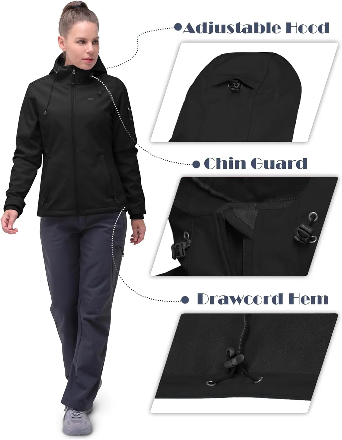 33,000ft Women's Softshell Jacket, Fleece Lined Warm Jacket Light Hooded Windproof Coat for Outdoor Hiking