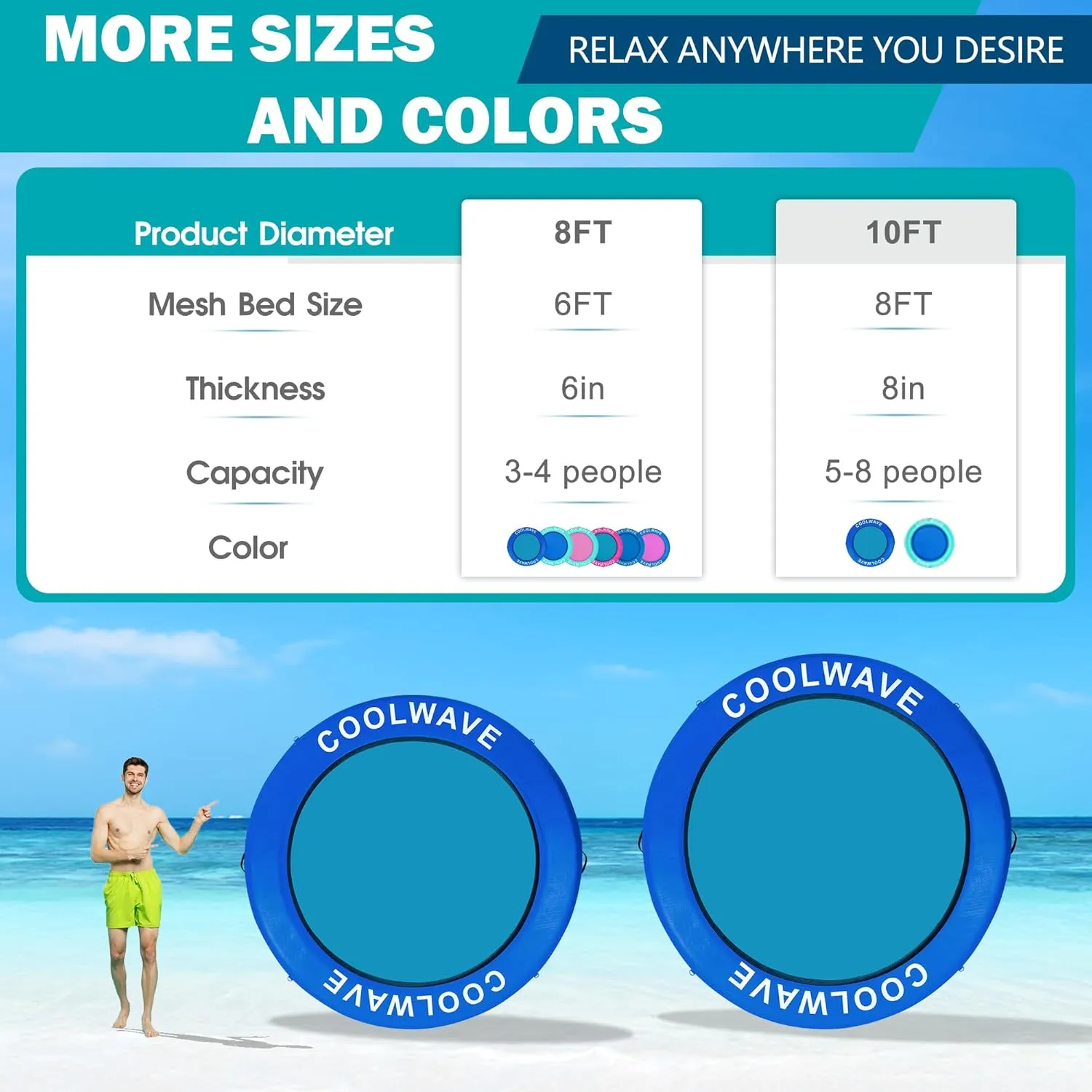 COOLWAVE Inflatable Water Hammock Floating Dock, Inflatable Raft for Family and Friends, Float Ring for Parties, Fits Multiple People, 6 FT/8FT/10FT