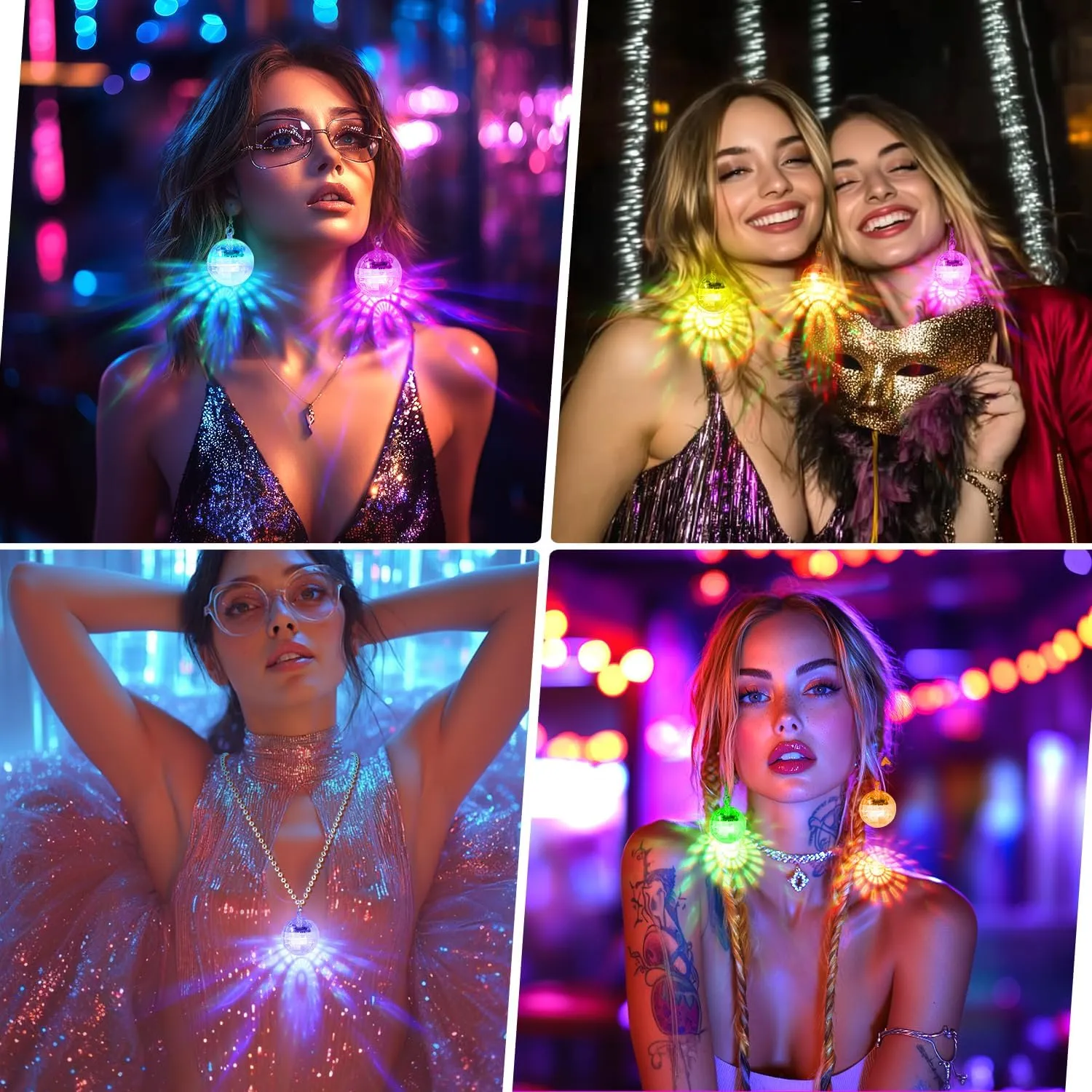 Disco LED Light Up Necklaces 16 Color Changing Modes Rechargeable USB Ear Jewelry Flashing Party