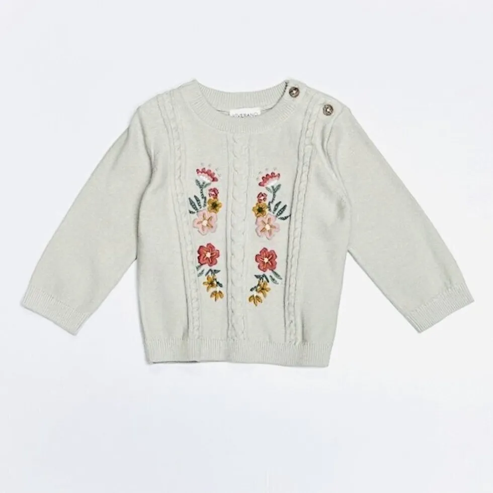 Floral Embroidered Cable Knit Baby Pullover Sweater
