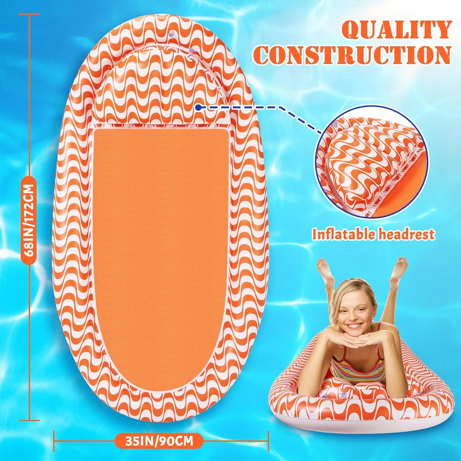 Inflatable Pool Floats Hammock Lounges, 68" L X 35" W Pool Floaties for Adults, Heavy Duty Thick PVC Beach Floating Chair for Adults up to 250 Lbs, Essential Summer Vacation Swimming Pool Accessories