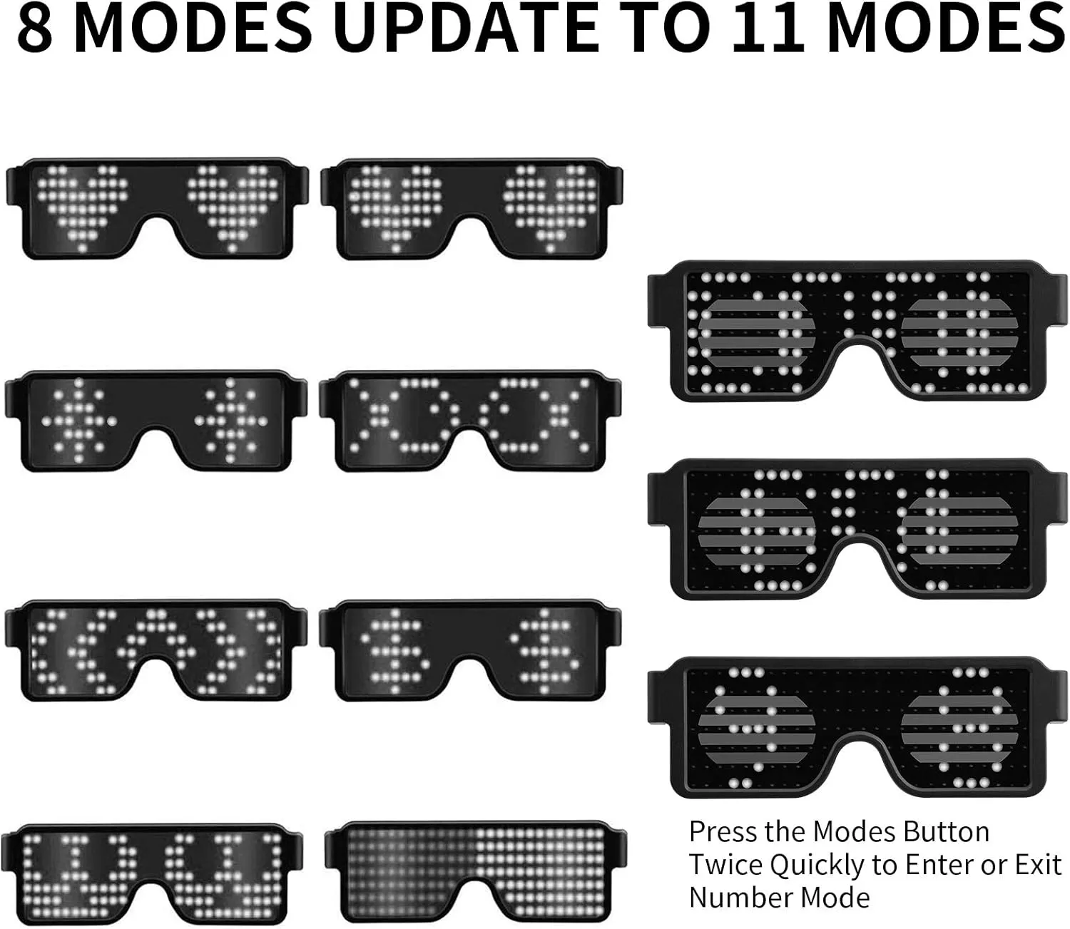 Upgrade Dynamic LED Glowing Glasses USB Rechargeable Light Up Glasses with Flashing Neon 11 Patterns Luminous Glasses